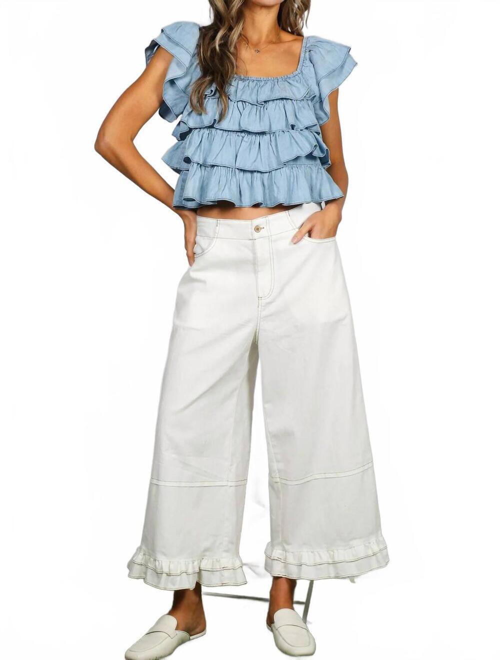 NEW VINE & LOVE chambray top with ruffle sleeve in light denim